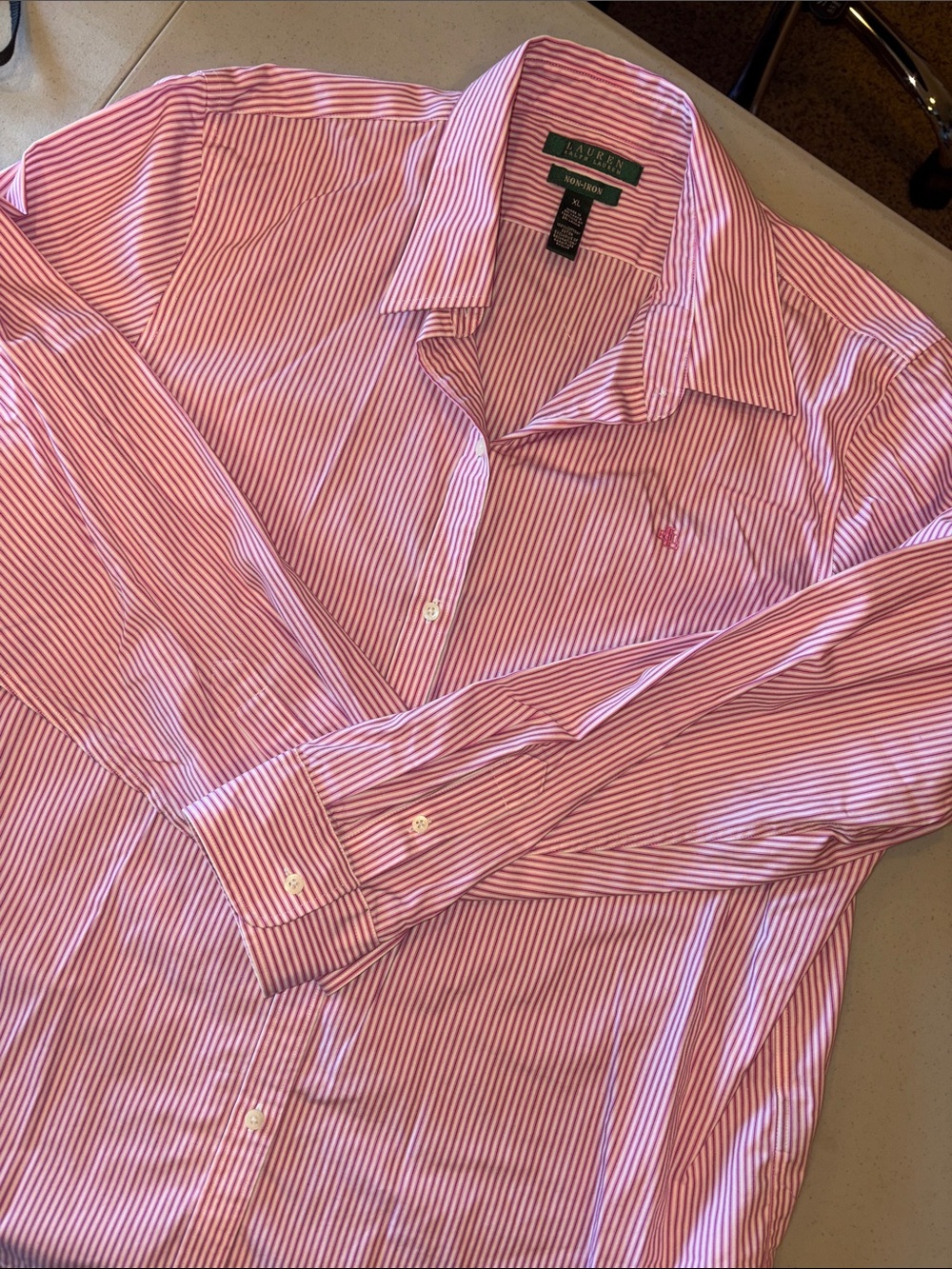 Lauren Ralph Lauren Womens XL Pink White Non-Iron Cotton Button Down Shirt
